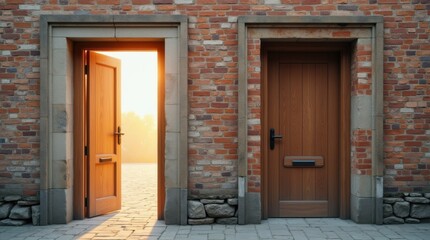 Two identical doors stand side-by-side, one opens to a bright path, the other to a brick wall
