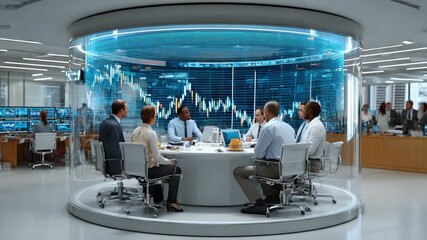 Strategic Decisions in Modern Business Hub: A group of professionals engages in a focused discussion around a circular table in a contemporary office setting, immersed in data visualization. - Powered by Adobe