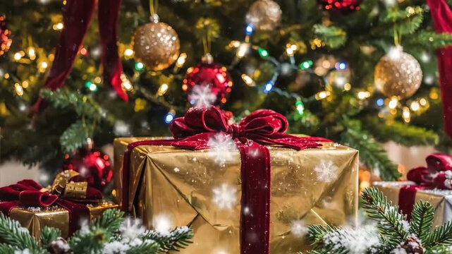 Christmas Gifts and Green Tree Background - This video showcases a beautifully decorated Christmas tree with ornaments and string lights in the background.