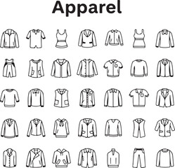 Simple Line Art Apparel Icons Set Black White Vector