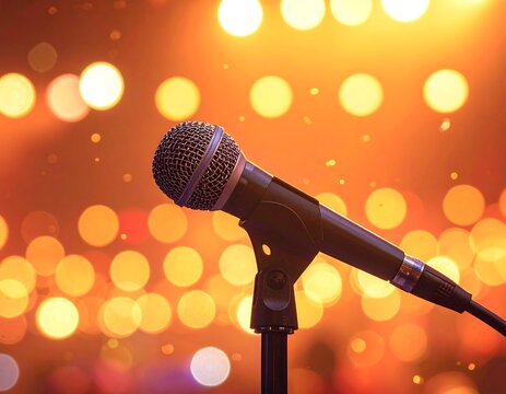 Close-up of a microphone on a stand, with blurred, warm-toned lights in the background - Powered by Adobe