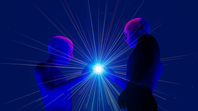 Humans interact with an energy sphere representing advanced technology