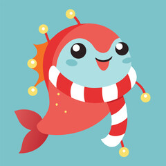 Cute cartoon fish character wearing a festive scarf on a blue background