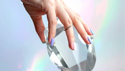 Hand with colorful nails touching a clear crystal prism creating rainbow light reflections. - Powered by Adobe