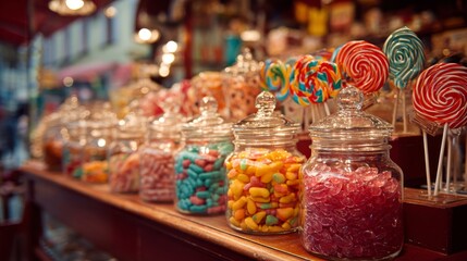 Colorful array of sweet candies and treats displayed in glass jars at a charming vintage candy shop, inviting customers to indulge in delightful flavors.