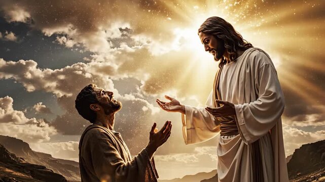 Divine Encounter in the Cloudy Sky - A man looks up and raises his hands in faith as Jesus reaches out to him in a divine light. The scene takes place in a cloudy sky with heavenly rays shining down.