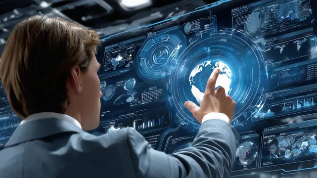 Digital interface Interaction: An individual interacts with futuristic holographic interface with touch screen in a high-tech control room, navigating digital interface with interactive technology