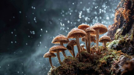 Fototapeta premium Close-up View of Magical Mushrooms in Misty Environment with Water Droplets on Caps and Lush Green Moss Surrounding Earthy Background
