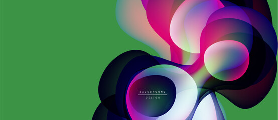 Abstract floral shapes overlap, creating vibrant color gradients. Green background provides contrast, modern design element.