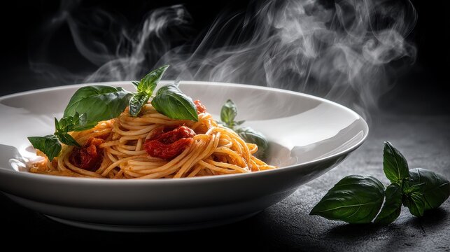 Delicious steaming pasta dish served in a white bowl garnished with fresh basil leaves on a dark background with smoke accents and vibrant colors