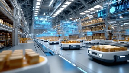 Automated Warehouse: Robots efficiently navigate a futuristic warehouse, showcasing the seamless automation of modern industry, with digital interfaces managing the streamlined processes. - Powered by Adobe