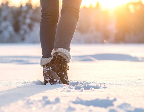 Close-up of person's legs and boots in winter landscape, sunlit, stepping on snow