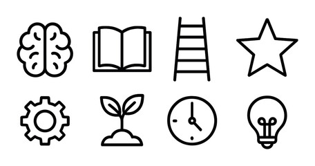 Collection of dark icons featuring brain book ladder star gear plant clock lightbulb