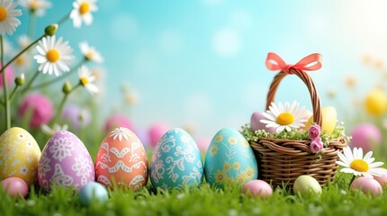 Charming Easter eggs and daisies in a basket offer a vibrant spring holiday mood and promise of joyful celebration this season
