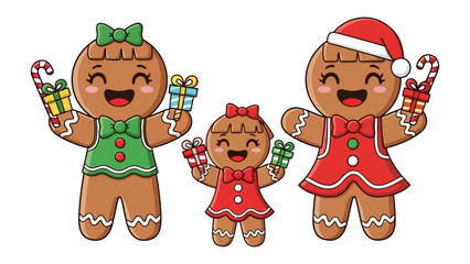 Gingerbread Family Festive: A delightful illustration of a gingerbread family, all smiles and holding gifts. Perfect for Christmas celebrations!