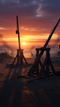 Sunset over an ancient battlefield with multiple trebuchets under a war-torn sky, historical weaponry for military conflict footage