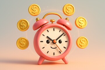 Cute alarm clock with smiling face surrounded by gold coins