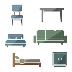 Home Furnishings Showcase: A collection of essential home furnishings, including a chair, table, bed, sofa, and cabinet, arranged to showcase a range of interior design options.