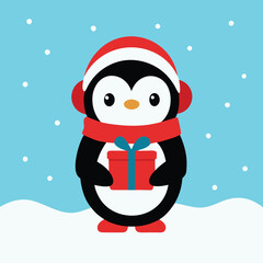 Cute Winter Penguin with Gift on Snow Vector Illustration Graphic Design