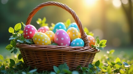 Enjoy the vibrant joy of Easter with a basket overflowing with colorful polka dot eggs in a sunny spring meadow