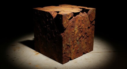 Rough-hewn wooden cube illuminated against a dark backdrop.