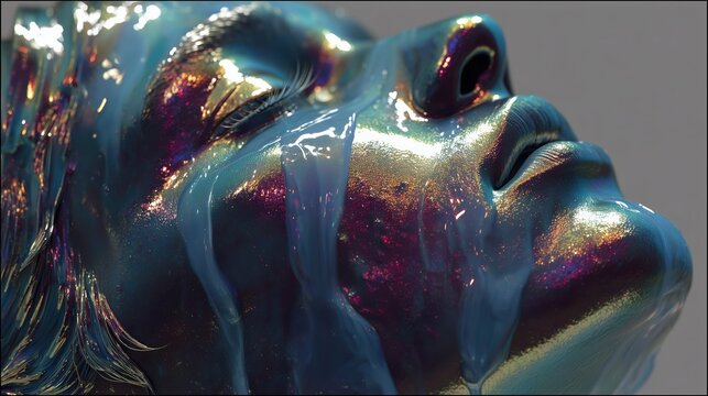 Surreal metallic face dripping vivid colors expresses artistic fantasy and glossy futuristic design for creative branding.

 - Powered by Adobe