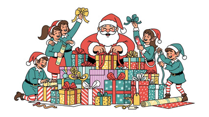 Christmas Eve Gift Workshop: In a festive scene, Santa Claus and his dedicated elves are busily preparing an array of beautifully wrapped presents, embodying the spirit of Christmas.