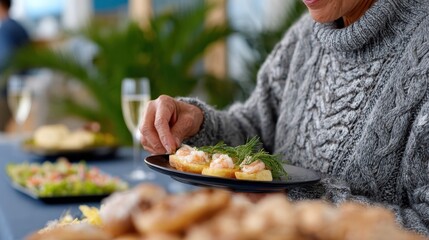 office holiday event, business employees in elegant attire and ugly sweaters at a classy buffet for the corporate holiday party