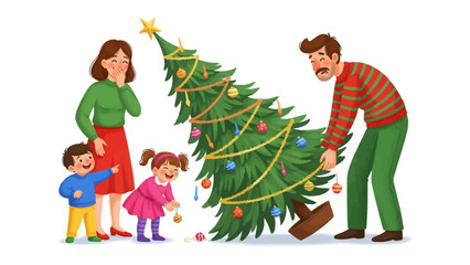 Holiday Tree Moment: A family is gathering and decorating a Christmas tree with love. A symbol of warmth and together. Capture the core of holiday spirit.