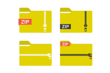 Set of yellow folder with zipper. Zip archive. Data storage. Database pictogram isolated on white background. Icon of zip folder, collection.