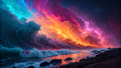 Fantastic colorful night sky with clouds and stars. 3d rendering