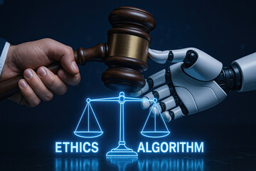 Human hand and robot hand hold judge gavel above glowing scales labeled ai and ethics balancing algorithm in courtroom concept of technology responsibility and moral decision making