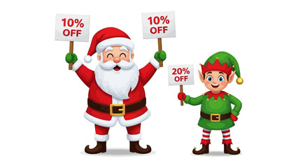 Holiday Deal Duo: Santa and elf share festive joy, each holding sale signs to highlight special discounts for the holiday season. A cheerful scene perfect for promotions