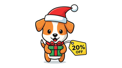 Festive Puppy Promotion: An adorable puppy adorned in a Santa hat, holds a festive gift box and a promotion tag, ready to celebrate a special discount.