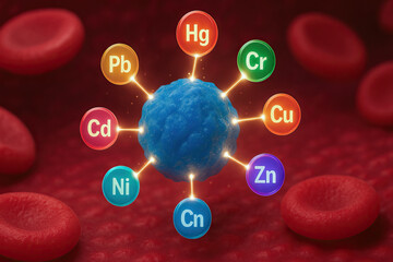 Blue blood particle surrounded by labeled toxic metal markers microplastic contamination concern in red blood vessel environment with scientific mood and medical context