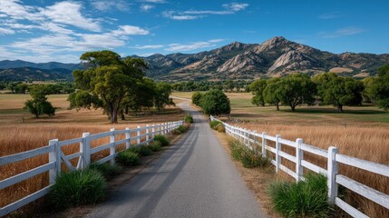 Scenic rural landscape with a white fence lining a gravel road leading towards distant rocky mountains under a bright blue sky with fluffy clouds
