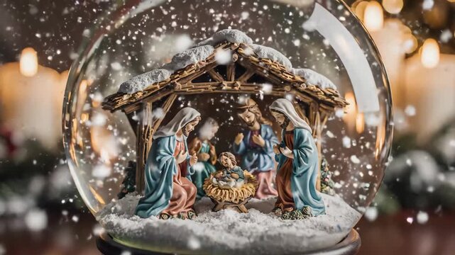 Nativity Scene in Snow Globe - A close up shows a nativity scene inside a glass snow globe with snow falling. The background is blurred with Christmas lighting effects.