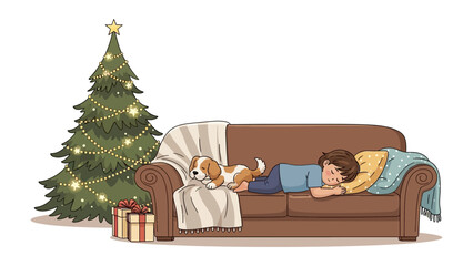 Christmas Slumber: A boy and a dog sleep peacefully, sharing a tender moment of rest on the cozy sofa, beside the beautifully decorated Christmas tree, a gift box symbolizing the holiday spirit.