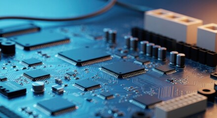 Detailed close-up of a vibrant blue circuit board with intricate electronic components