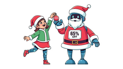 Christmas AI Collaboration: A young girl and a Santa-bot collaborate to decorate an ornament together, symbolizing the fusion of holiday cheer and technological innovation, during Christmas time.
