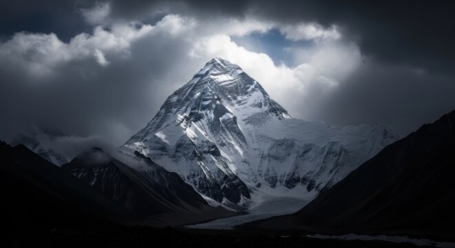 Dramatic view of k2 mountain peak in the karakoram range, illuminated by sunlight breaking through storm clouds
