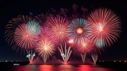 Stunning fireworks display over water reflecting vibrant colors in the night sky celebrating special occasions and holidays