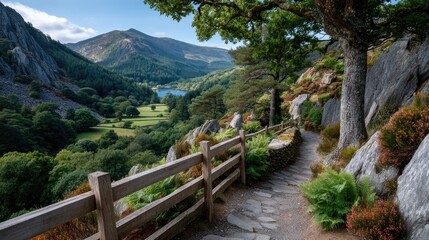 Scenic Mountain Valley With Wooden Fence Lined Pathway And Vibrant Wildflowers Under Bright Sunlight With Lush Green Trees And Distant Lake View