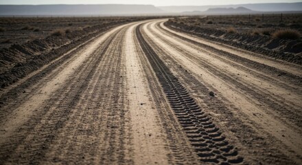 Naklejka premium Dusty, rutted dirt road curves through vast, dry, barren landscape