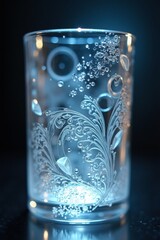 Elegant glass with intricate frosted floral design and sparkling bubbles for sophisticated drinkware or creative product mockups