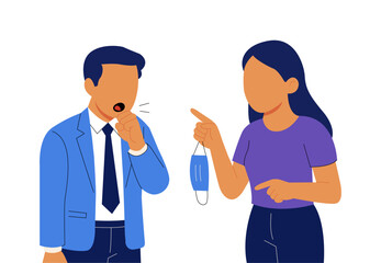 Woman reminding man coughing to wear mask. Concept of health awareness, covid safety, protection reminder, hygiene practice and respiratory health.