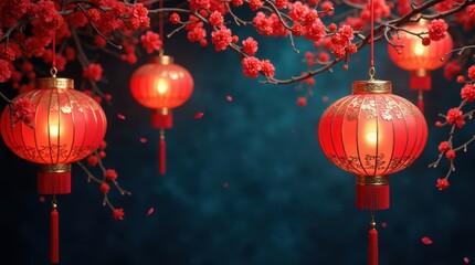 Celebrate Lunar New Year with vibrant red lanterns and cherry blossoms for a modern, festive, and prosperous spring festival scene