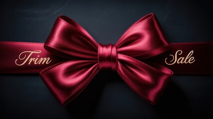 Red satin ribbon bow with text Trim Sale on dark background silk