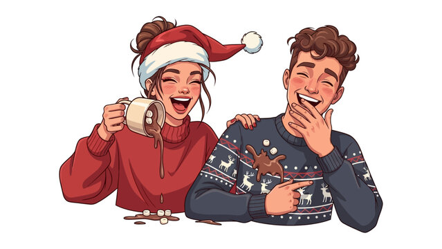 Festive Frivolity: A cheerful couple, embodying the spirit of the holidays, shares a lighthearted moment of accidental spill from a steaming mug.