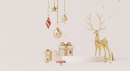 3D render, Golden reindeer and Christmas gifts with hanging ornaments on beige background